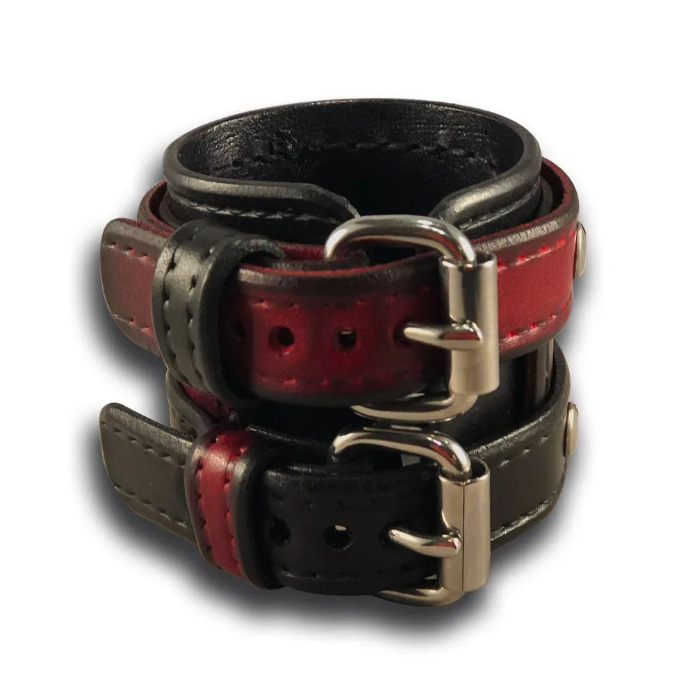 Red & Black Leather Double Strap Layered Wristband with Double Buckles