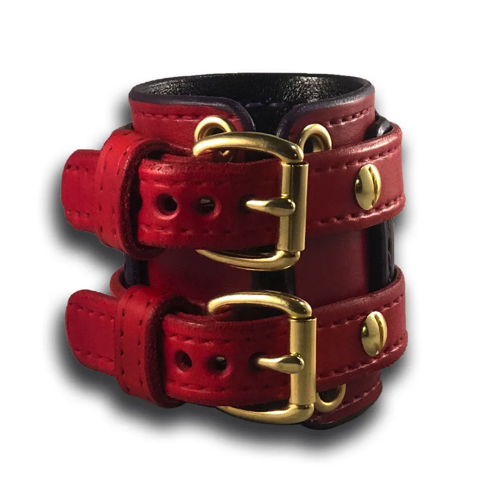 Red & Purple Leather Double Strap Layered Wristband with Double Buckles