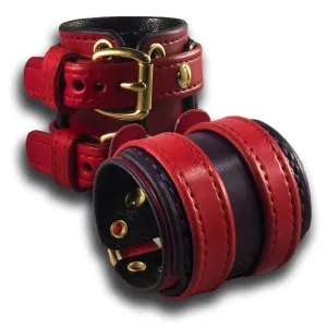 Red & Purple Leather Double Strap Layered Wristband with Double Buckles