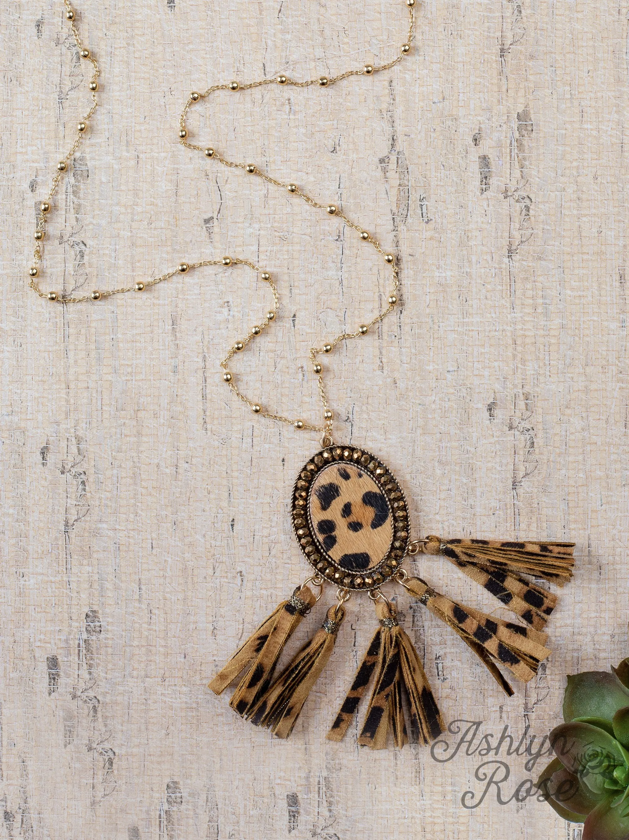 Saddle Up Leopard Hide Necklace With Brown Leopard Suede Tassel