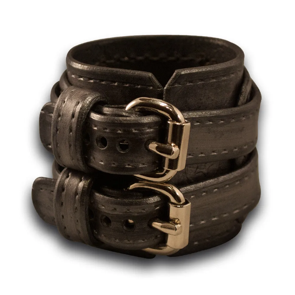 Silver & Black Layered Leather Double Strap Cuff Wristband