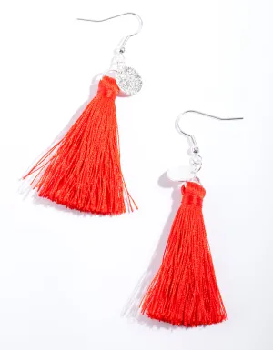 Silver Disk Charm Tassel Earrings