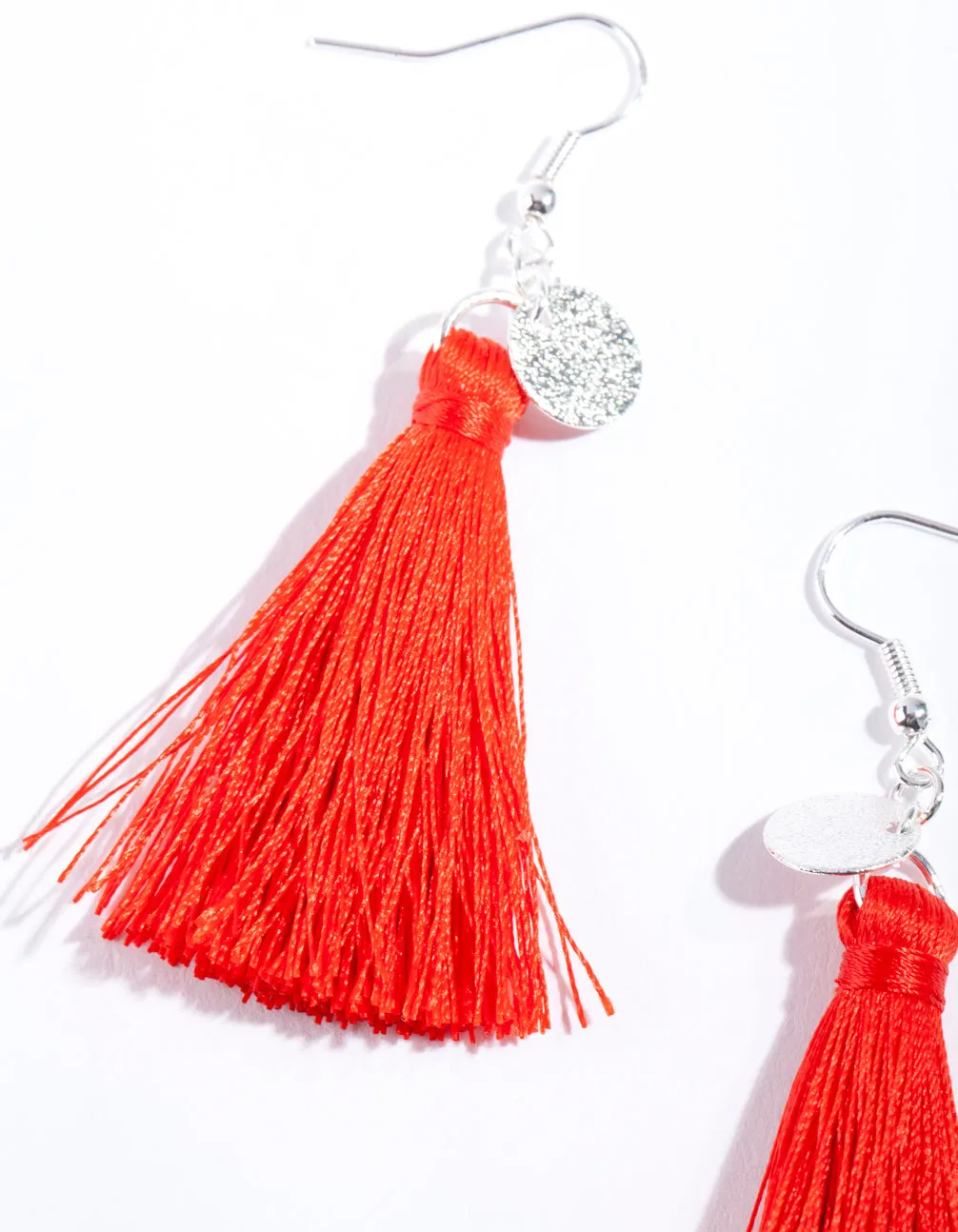 Silver Disk Charm Tassel Earrings