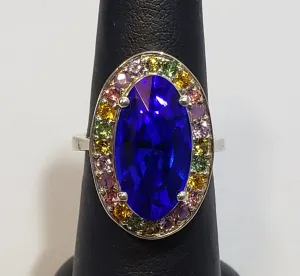 Size 7 Multi Color Swarovski Crystal Halo Ring with Large Blue Center Crystal, set in Platinum over 925 Sterling Silver