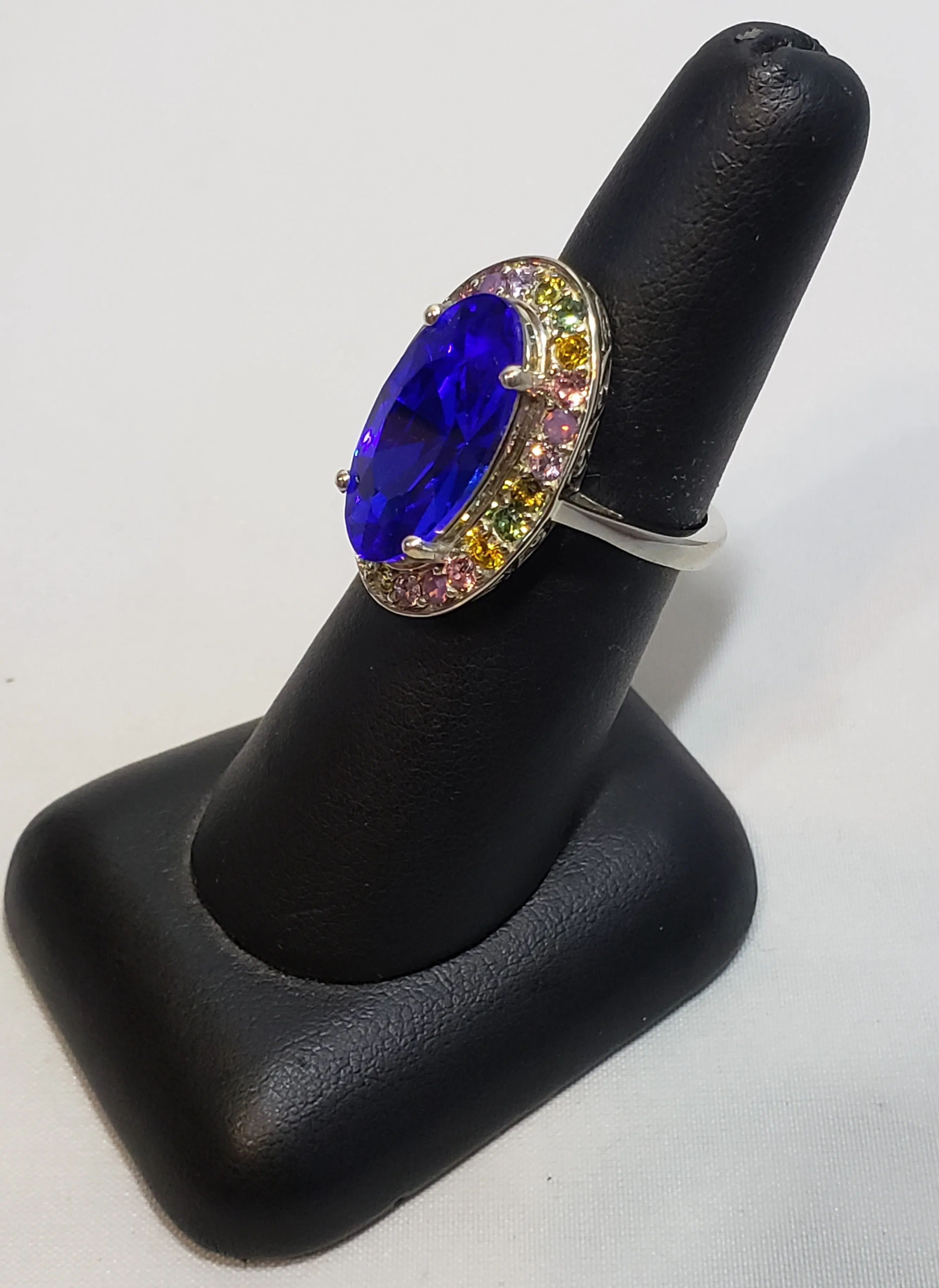 Size 7 Multi Color Swarovski Crystal Halo Ring with Large Blue Center Crystal, set in Platinum over 925 Sterling Silver