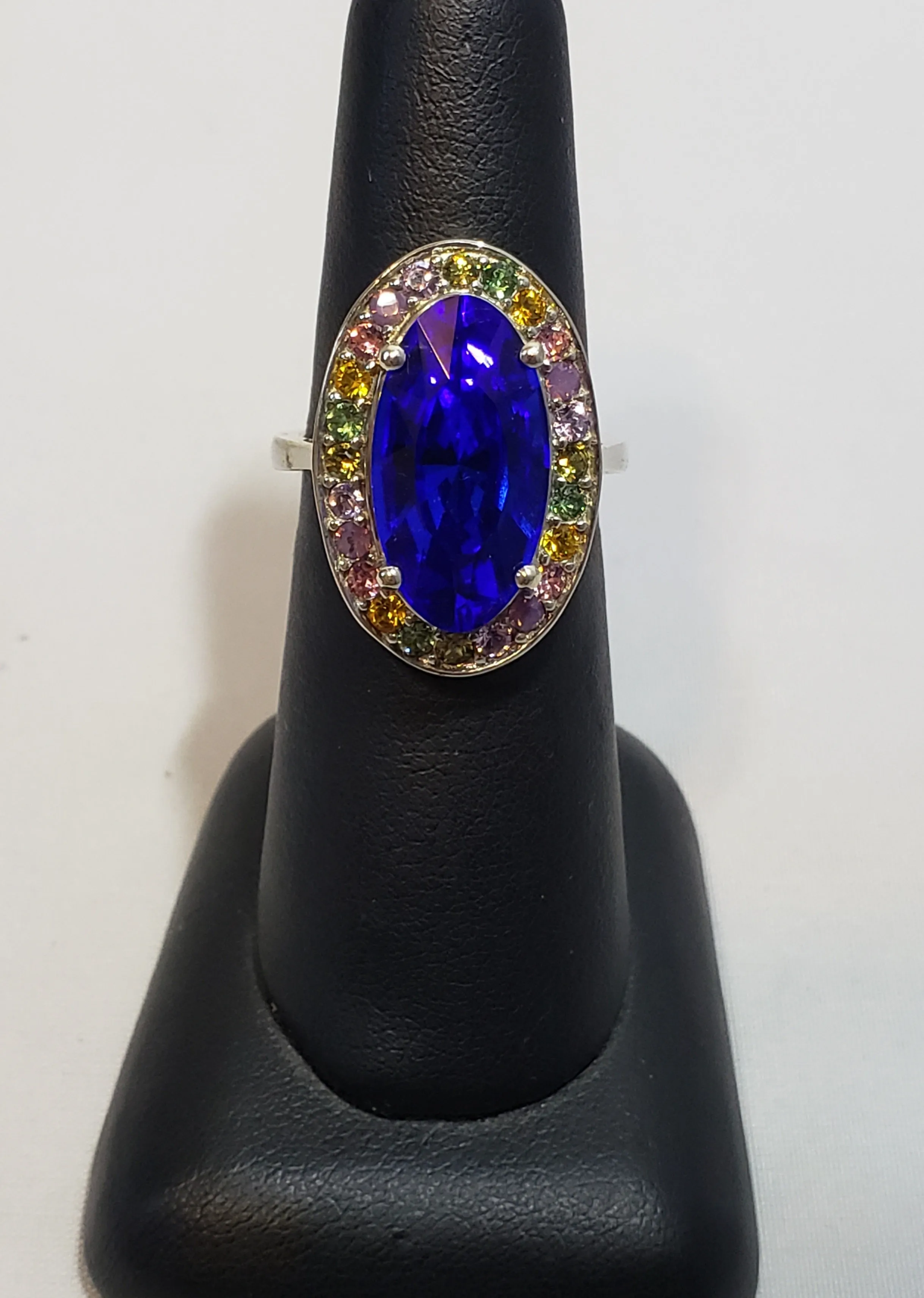 Size 7 Multi Color Swarovski Crystal Halo Ring with Large Blue Center Crystal, set in Platinum over 925 Sterling Silver