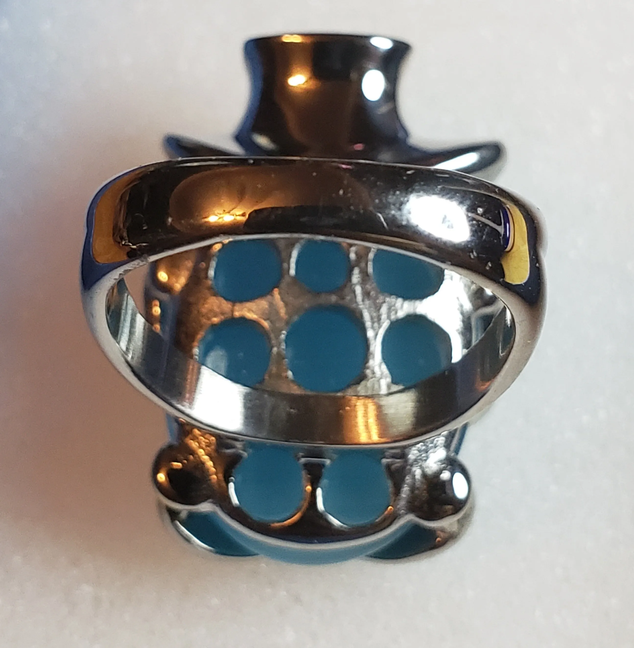 Size 8 Simulated Blue Cat's Eye 7.4 ctw, White Austrian Crystal, Enameled, Stainless Steel Ring