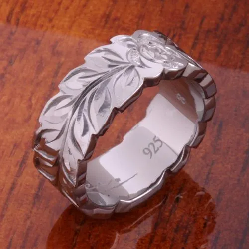 Sterling Black Silver Plated Maile Leaf with Plumeria and Honu (Turtle) Cut Out Edge Ring 8mm