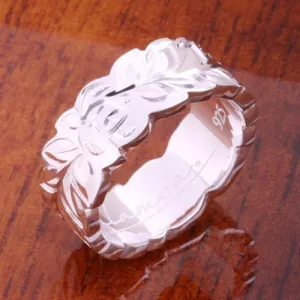 Sterling Silver Maile Leaf with Plumeria and Honu Cut Out Edge Ring 8mm