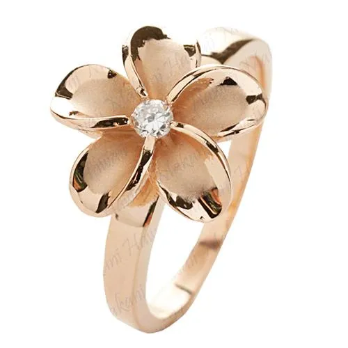 Sterling Silver Pink Gold Plated 22mm Plumeria with CZ Ring