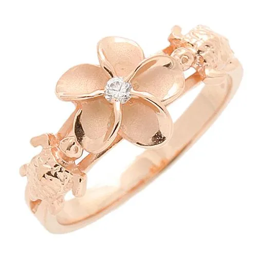 Sterling Silver Pink Gold Plated Two Honu (Hawaiian Turtle) and Plumeria with CZ Ring