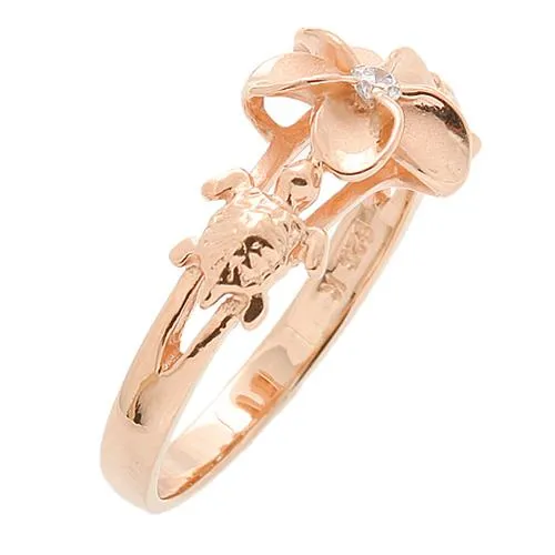 Sterling Silver Pink Gold Plated Two Honu (Hawaiian Turtle) and Plumeria with CZ Ring