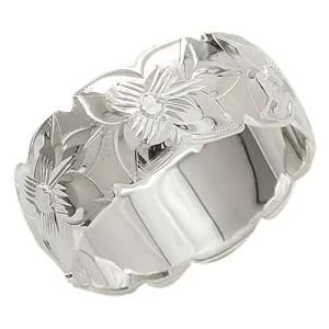 Sterling Silver Plumeria Engraved Cut Out Edge Ring 8mm