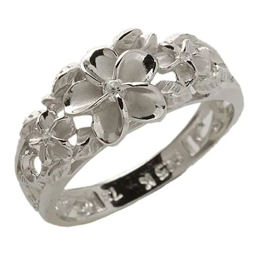 Sterling Silver Rhodium Plated Hawaiian Scroll Three Plumeria with CZ Ring