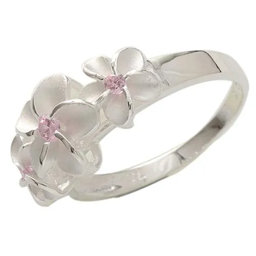 Sterling Silver Three Plumeria with Pink CZ Ring