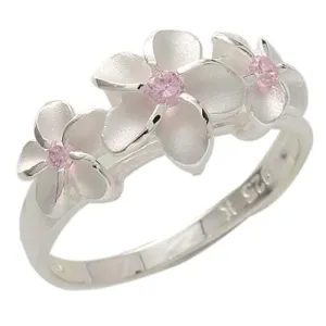 Sterling Silver Three Plumeria with Pink CZ Ring