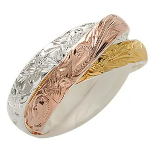 Sterling Silver Tri-Color Hawaiian Scroll, Maile Leaf and Plumeria Engraved 3-in-1 Ring 4mm