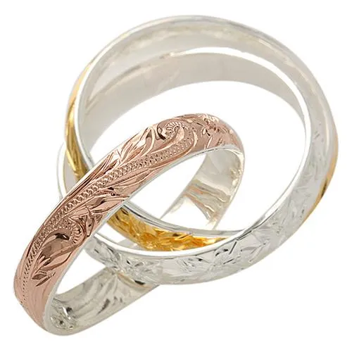 Sterling Silver Tri-Color Hawaiian Scroll, Maile Leaf and Plumeria Engraved 3-in-1 Ring 4mm