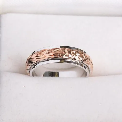 Sterling Silver Two-Tone Pink Gold and Rhodium Plated Maile Leaf Double Ring 6*4mm (Thick)