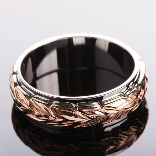 Sterling Silver Two-Tone Pink Gold and Rhodium Plated Maile Leaf Double Ring 6*4mm (Thick)