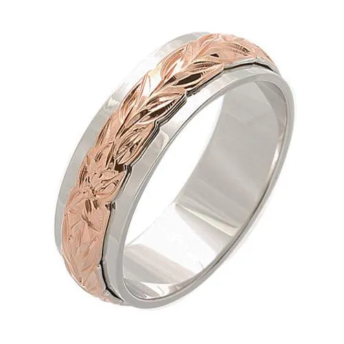 Sterling Silver Two-Tone Pink Gold and Rhodium Plated Maile Leaf Double Ring 6*4mm (Thin)