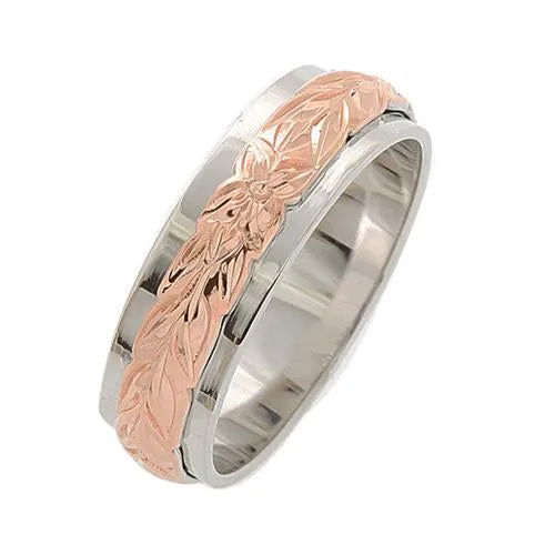 Sterling Silver Two-Tone Pink Gold and Rhodium Plated Maile Leaf Double Ring 6*4mm (Thin)