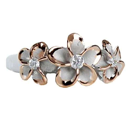 Sterling Silver Two-Tone Pink Gold and Rhodium Plated Three Plumeria with CZ Ring