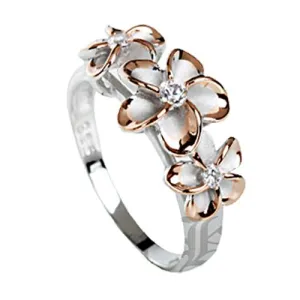 Sterling Silver Two-Tone Pink Gold and Rhodium Plated Three Plumeria with CZ Ring