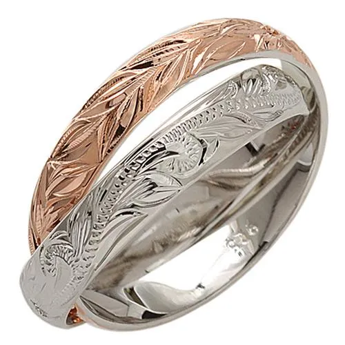 Sterling Silver Two-Tone Pink Gold Plated Hawaiian Scroll and Maile Leaf 2-in-1 Ring 4mm