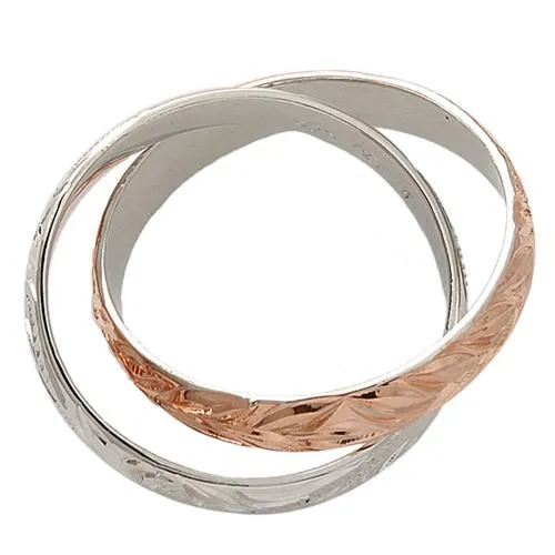 Sterling Silver Two-Tone Pink Gold Plated Hawaiian Scroll and Maile Leaf 2-in-1 Ring 4mm