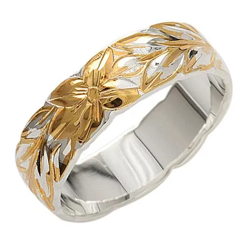 Sterling Silver Two-Tone Yellow Gold Plated Maile Leaf Cut Out Edge Ring 6mm