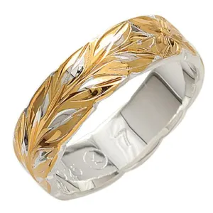 Sterling Silver Two-Tone Yellow Gold Plated Maile Leaf Cut Out Edge Ring 6mm