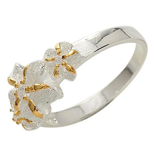 Sterling Silver Two-Tone Yellow Gold Plated Three Plumeria with CZ Ring Sandblast Finished