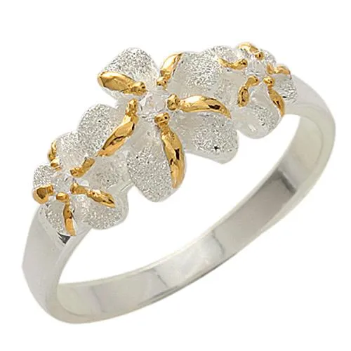 Sterling Silver Two-Tone Yellow Gold Plated Three Plumeria with CZ Ring Sandblast Finished