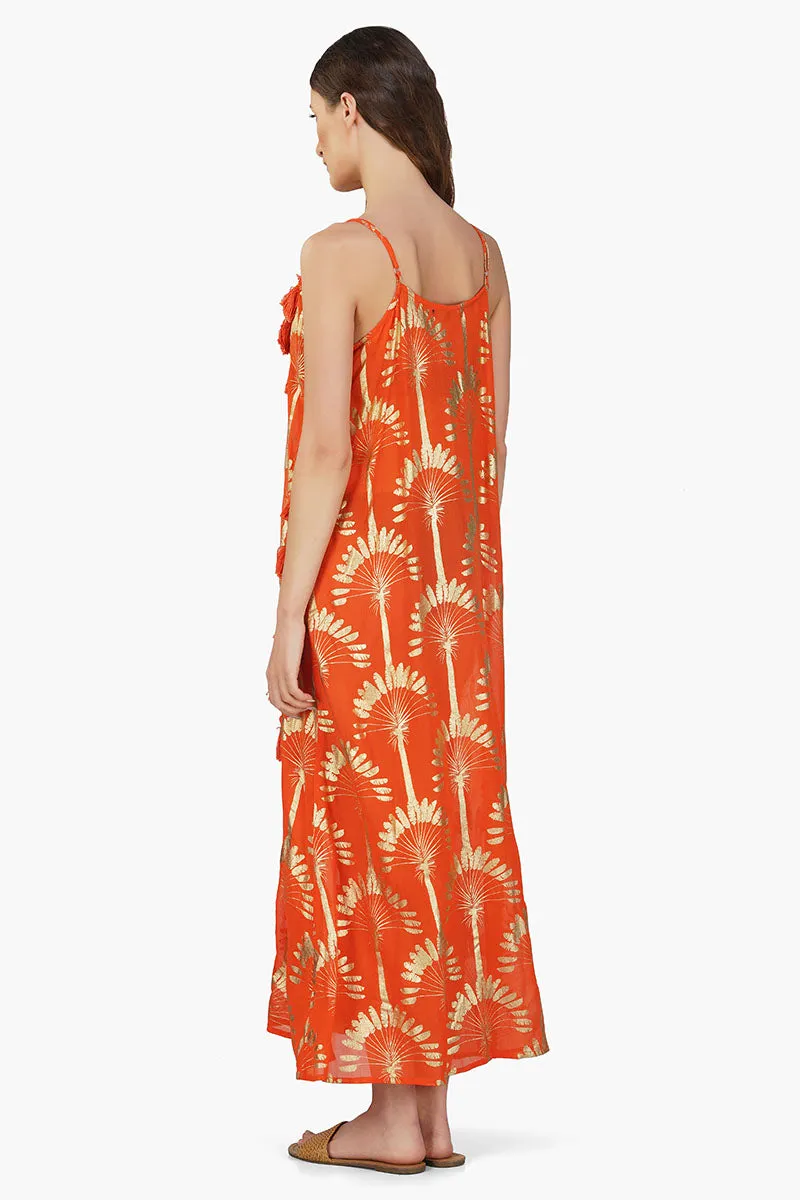 Sunset Palm Foil Tassel Maxi Dress