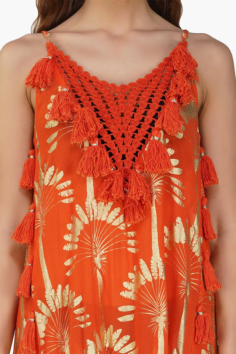 Sunset Palm Foil Tassel Maxi Dress