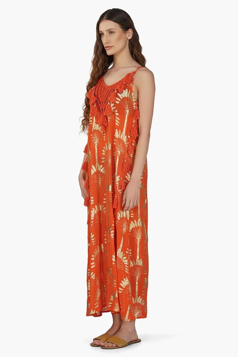 Sunset Palm Foil Tassel Maxi Dress