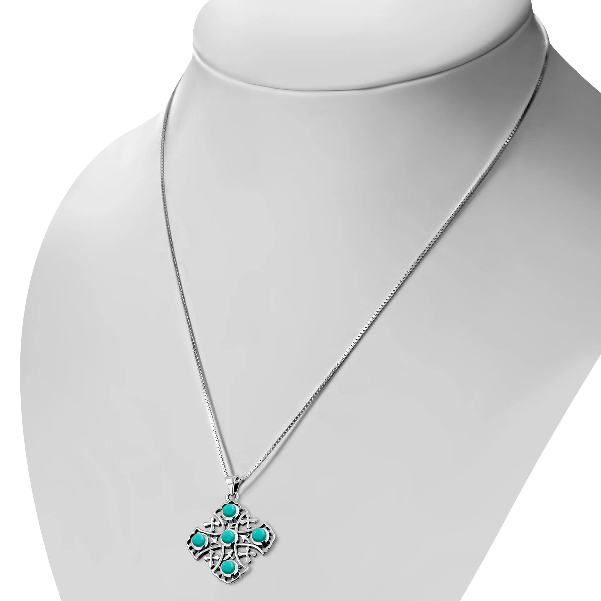 Turquoise Jerusalem Cross Silver Pendant