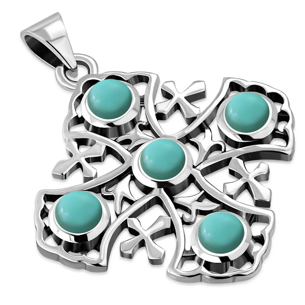 Turquoise Jerusalem Cross Silver Pendant