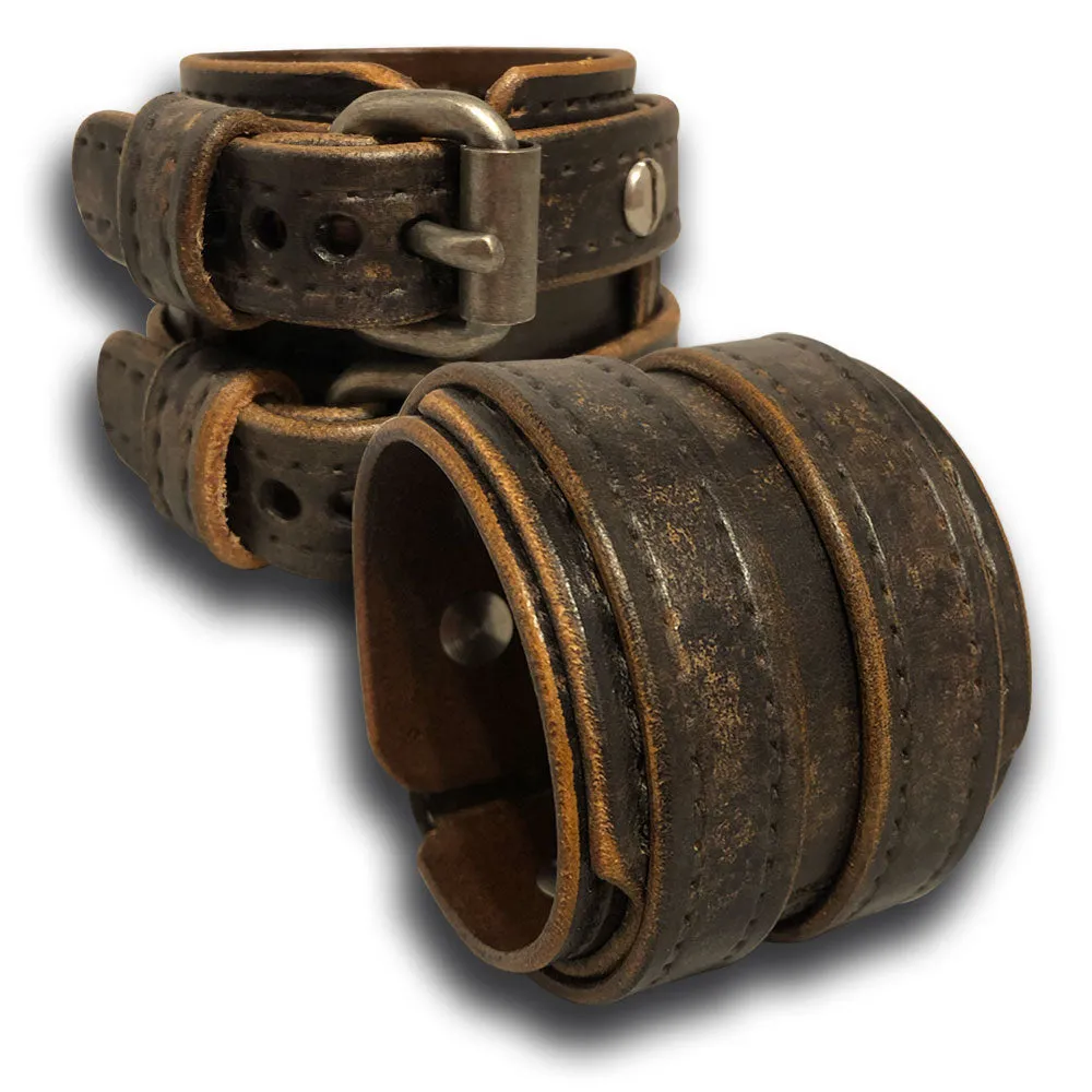 Weathered Double Buckle Double Strap Leather Cuff Wristband