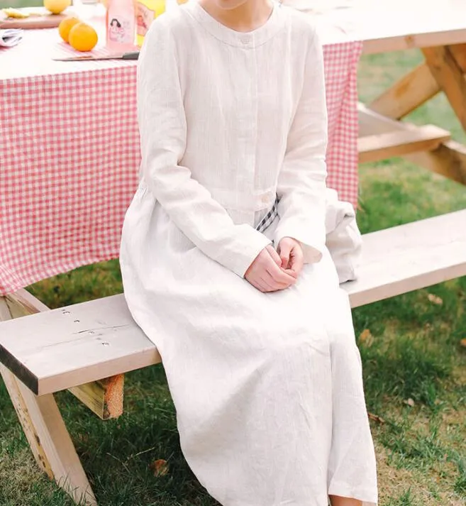 White Linen Women Dress Long Sleeve Women Linen Shirts Dresses With Buttons S90921