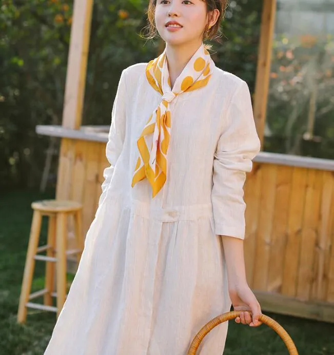 White Linen Women Dress Long Sleeve Women Linen Shirts Dresses With Buttons S90921