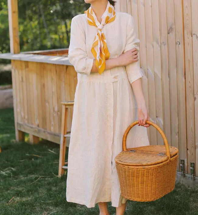 White Linen Women Dress Long Sleeve Women Linen Shirts Dresses With Buttons S90921