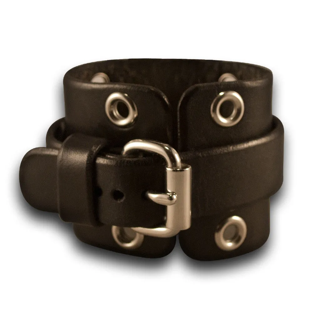 Wide Black Leather Cuff Watch with Stainless Eyelets & Buckle