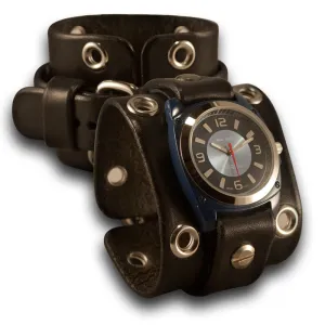 Wide Black Leather Cuff Watch with Stainless Eyelets & Buckle