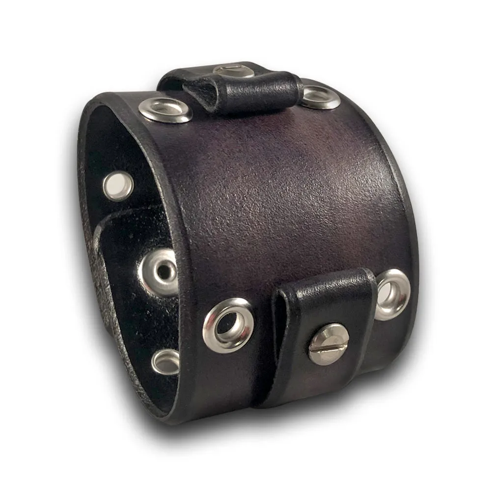 Wide Slate Gray Leather Cuff Watch Band with Eyelets and Skull Snaps