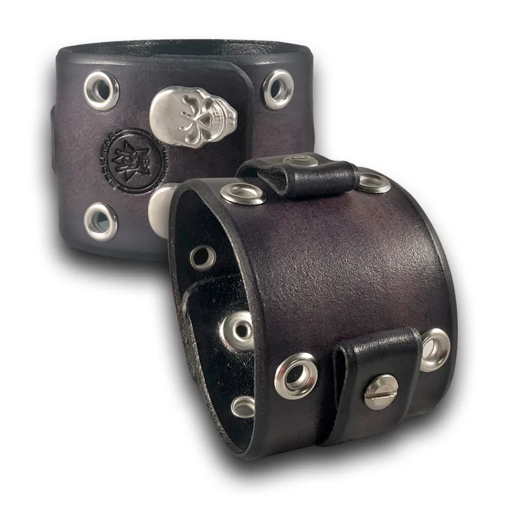 Wide Slate Gray Leather Cuff Watch Band with Eyelets and Skull Snaps