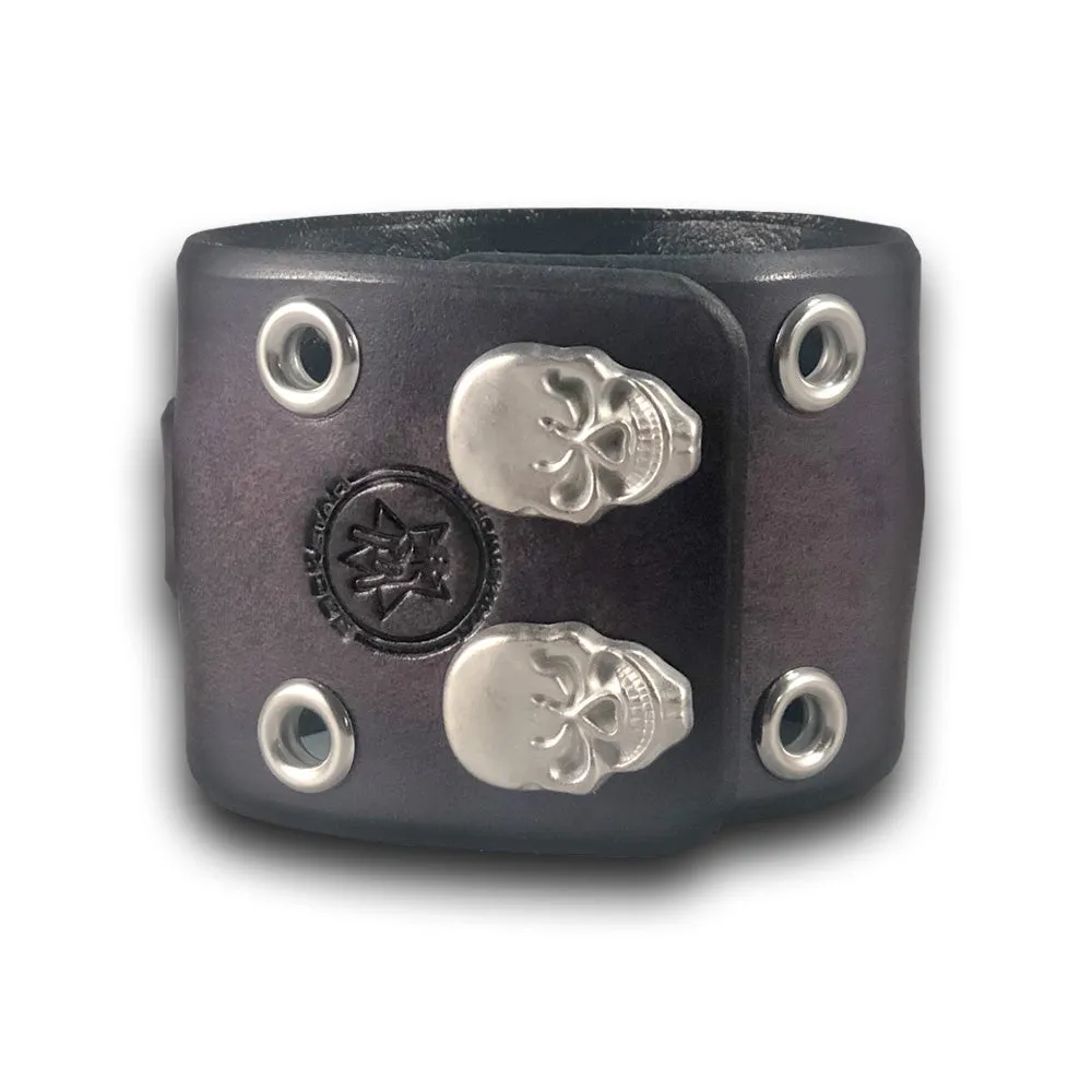 Wide Slate Gray Leather Cuff Watch Band with Eyelets and Skull Snaps