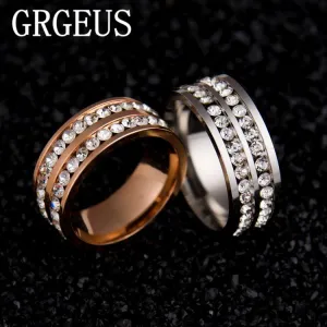 Womens Mens Fashion Double Rows Rhinestones Titanium Steel Wedding Engagement Charm Rings