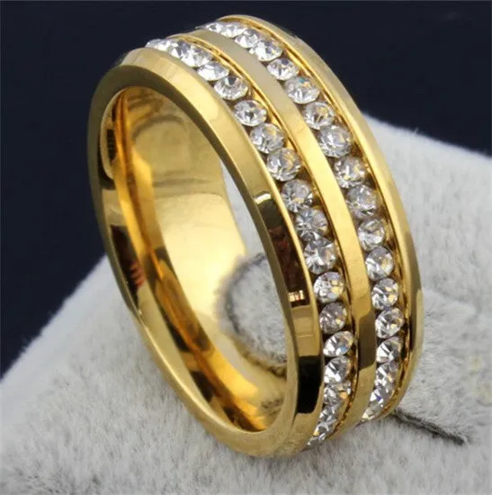 Womens Mens Fashion Double Rows Rhinestones Titanium Steel Wedding Engagement Charm Rings